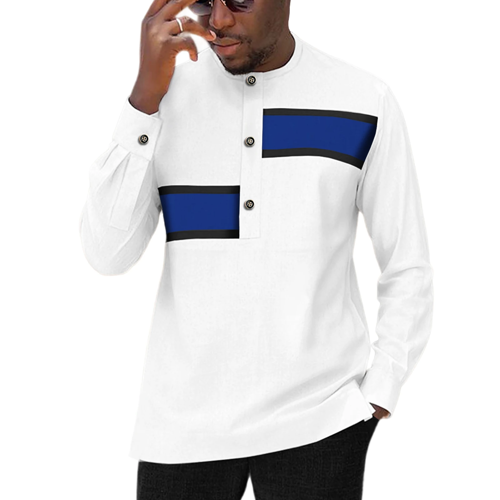 Camisa africana para hombre Dashiki con estampado de manga larga Top Kente Blusa con cuello alto Boda Casual