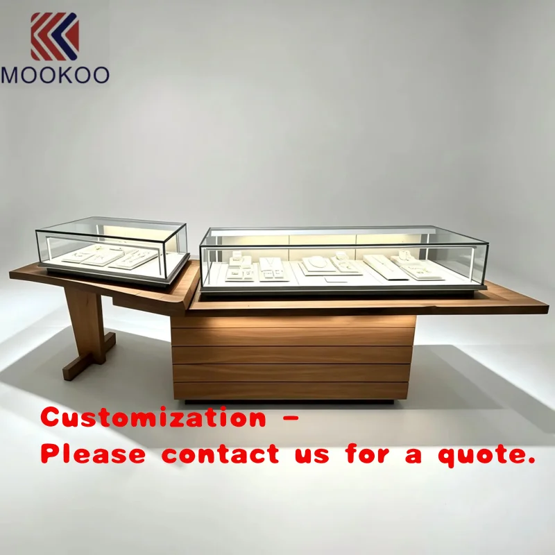 custom.Asymmetrical Wood Style Jewelry Display Table With Glass Showcase LED Light Jewellery Boutique