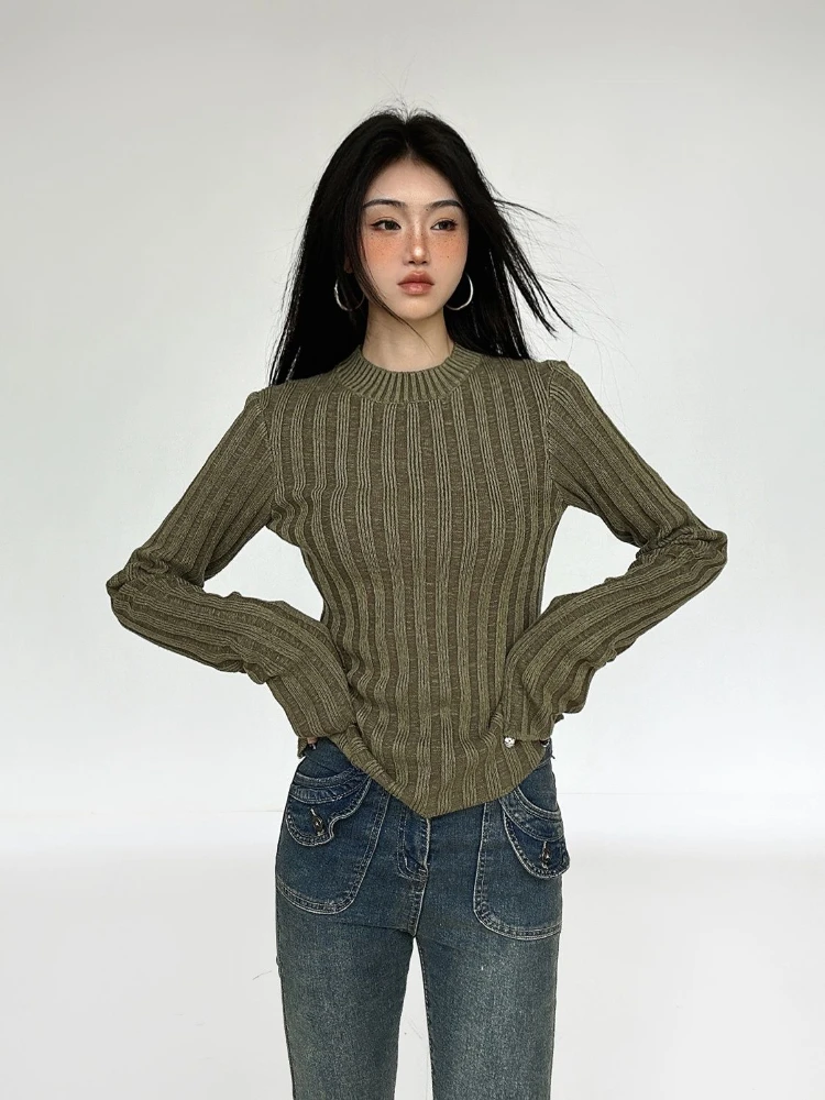 Women Y2k Aesthetic Slim Knitwear Sweet Sweaters 2024 Vintage Solid Streetwear Jumpers Screw Thread Grunge Harajuku Pullovers