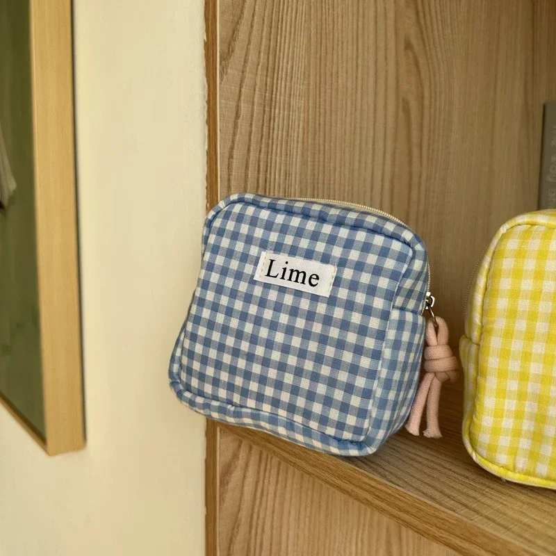 Square Plaid Cotton Storage Bags Sanitary Napkins Oganzier Pouch Bags Students Portable ID Credit Keys Toiletry Storage Bags