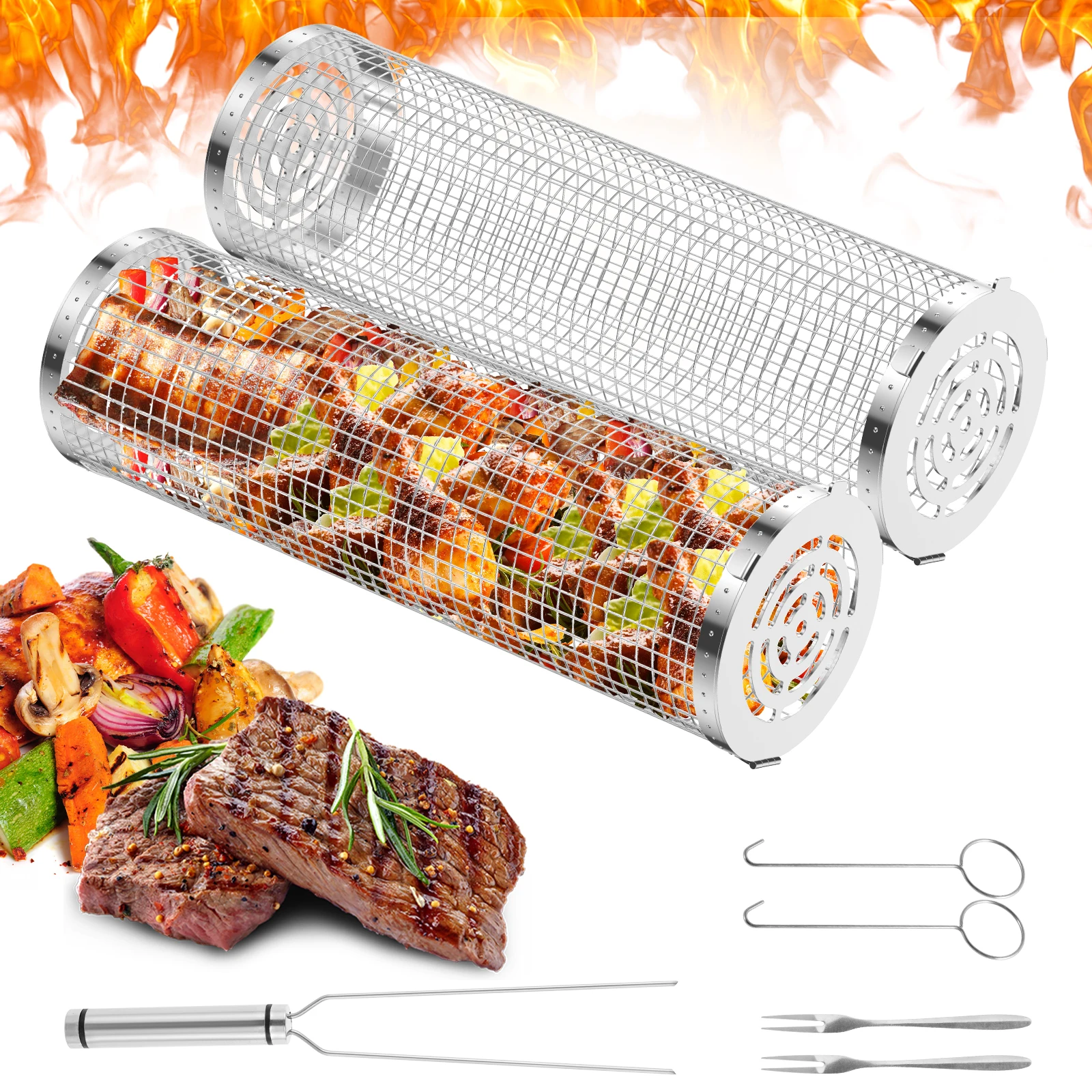 

Rolling Grilling Basket Nesting Grill Basket Stainless Steel BBQ Basket Portable Grilling Basket Round Outdoor Rolling BBQ