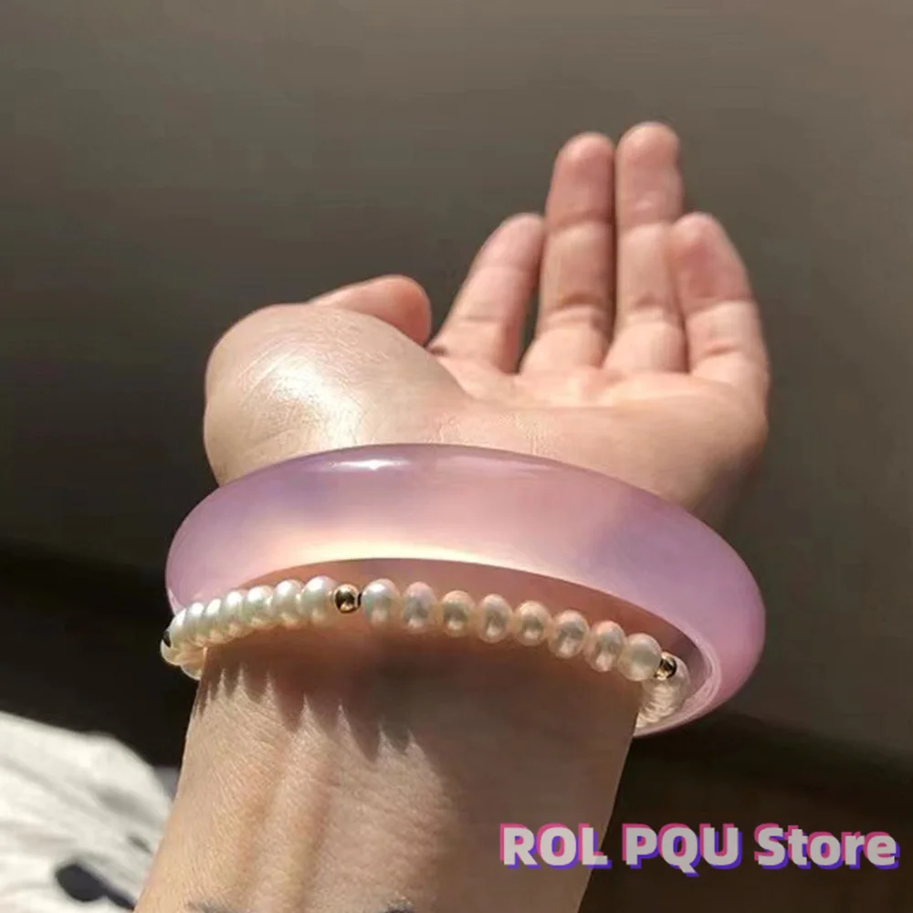 Newest Pin- Chalcedony Bracelet Fashion Trend Ice-run Jade Bangle Hibiscus Pink Agate Handring FINE Jewellry