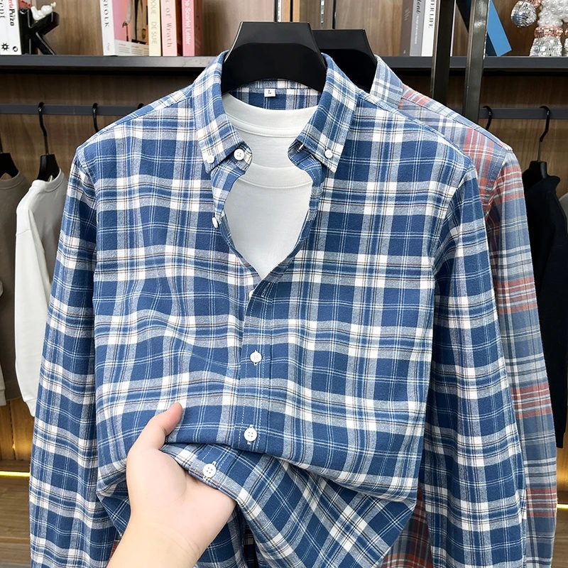 Luxury 100% cotton checkered long sleeve shirt men's comfort casual spring autumn high-quality Korean style youth fashion top
