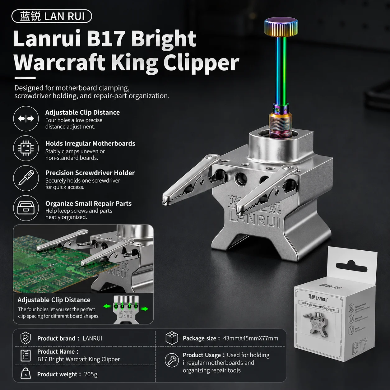 Lanrui B17 Adjustable Clamp for Irregular Motherboards with Screwdriver Holder and Organizer for Soldering Flux Repair Tool