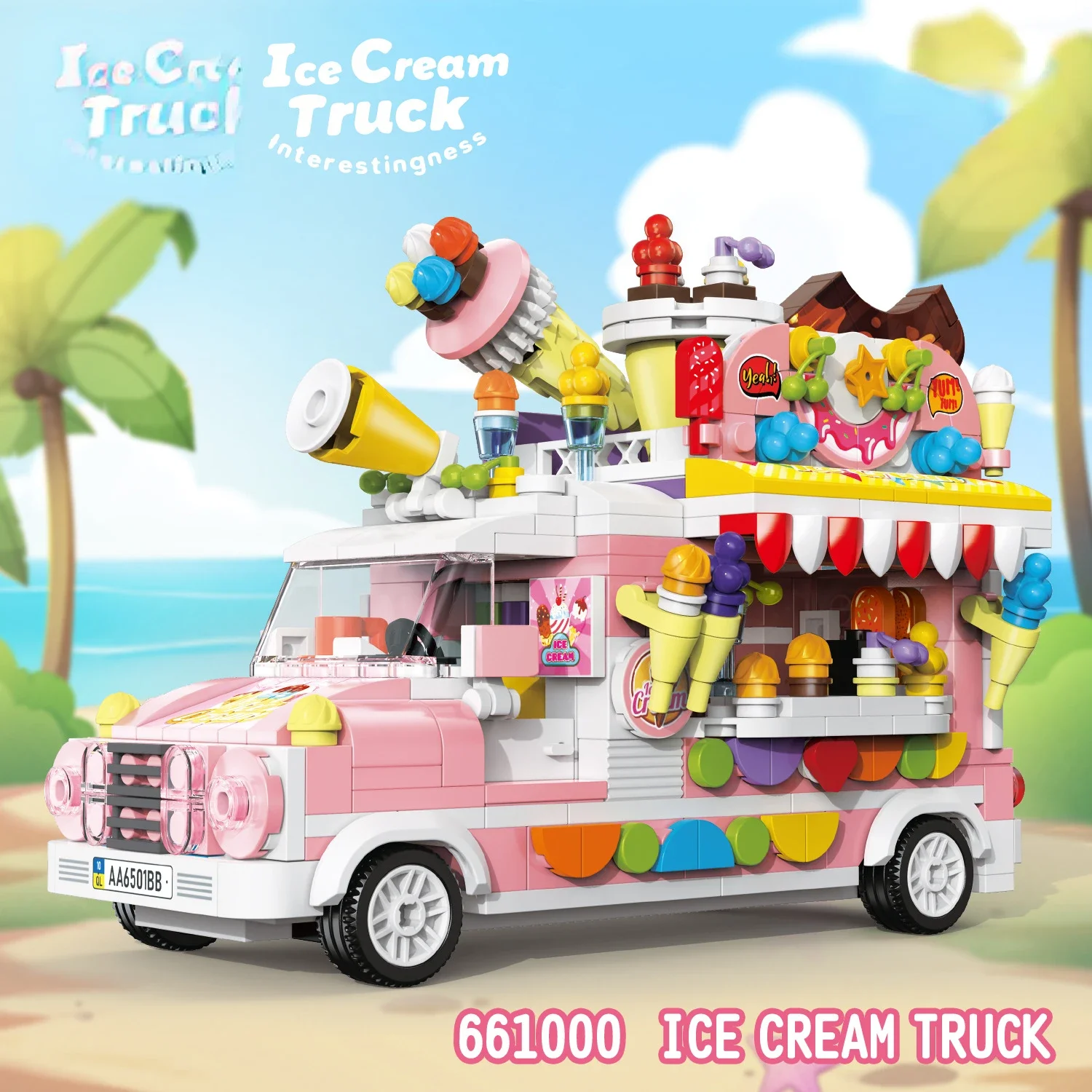 Ice cream pizza truck Girl Chinese building blocks toys pieced together ornaments children\'s gifts