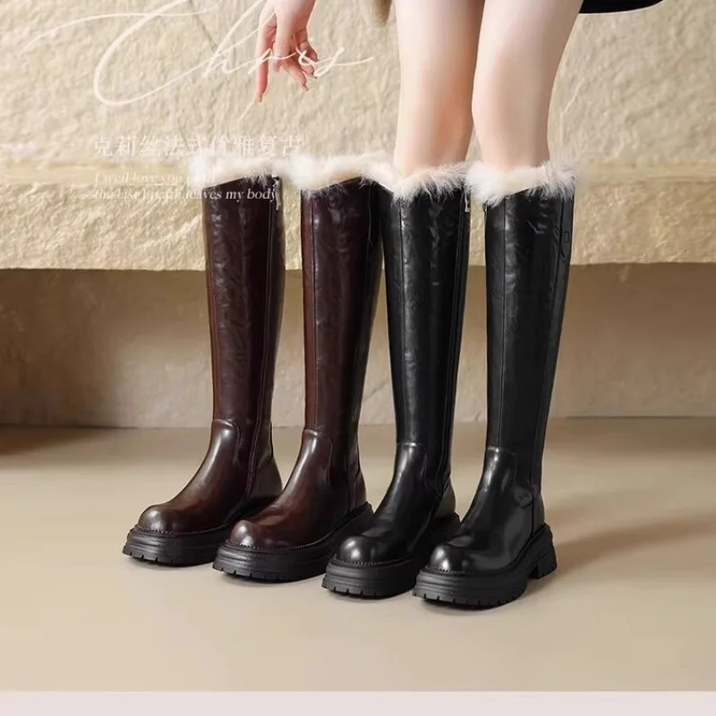 

Warm Thickened Long Tube Furry Boots with Fleece Lining Women's Autumn Winter New Side Zipper Thick Sole High Tube Boots
