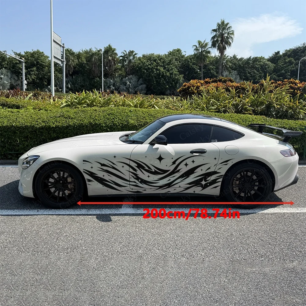 2Pcs Dynamic Black Flame Design with Sparkles Car Side Sticker, Automotive Door Side Graphics for Cars, Car Decoration Accessory