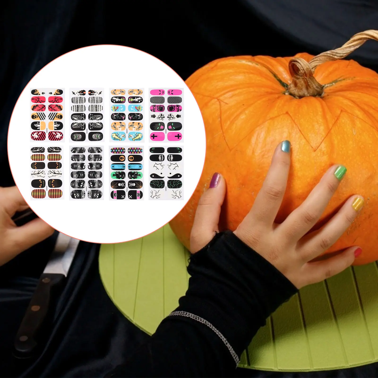 

8 Sheets Nail Stickers Halloween Theme Waterproof False Nails Adhesive Patches Full Cover Party Decor Nail Art Supplies