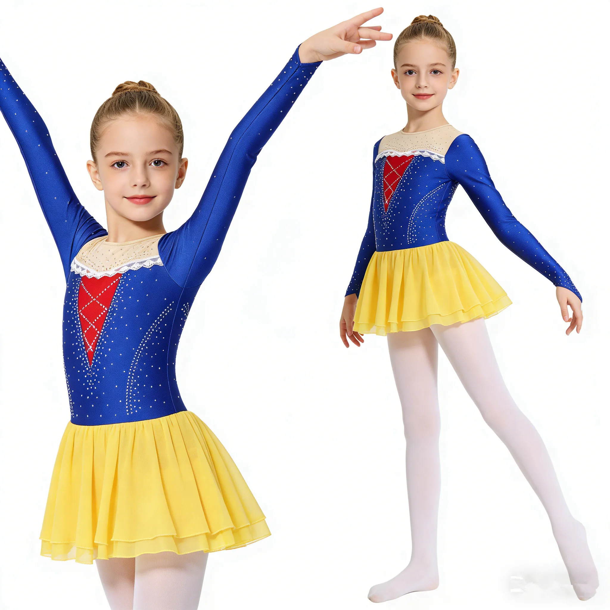 Teen Girls Snow Princess Figure Skating Leotard Dress Shiny Rhinestones Ballet Dance Gymnastics Acrobatics Performance Costume