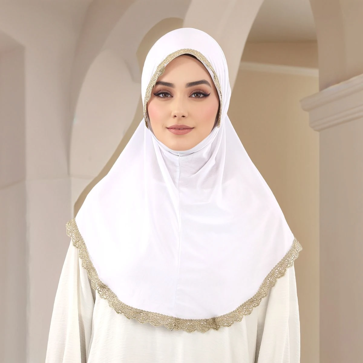 

Muslim Instant Hijab Scarf Women Stretch Shawl Plain Muslim Headband Lace Trimmed Fashion Solid Color Long Muffler Ramadan