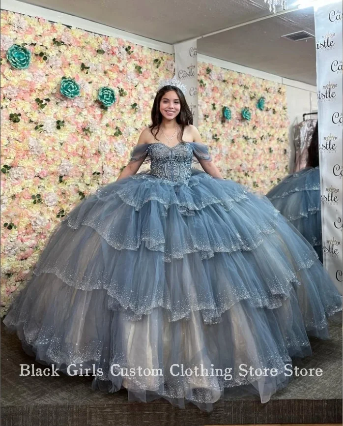 Princesa Azul Prom Quinceanera Vestidos, Espartilho sem alças, Guarnição de renda, Vestido A-Line até o chão, Elegante, Mexicano, 15 Anos