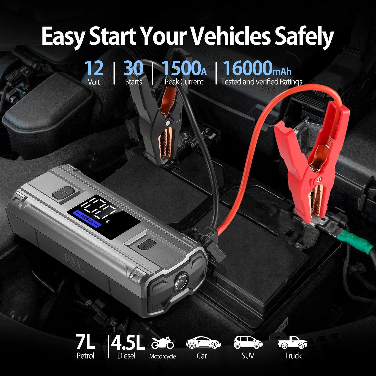 Car Battery Jump Starter1500A Battery Pack for 7.0L Gas & 4.5L Diesel Engines, 12V Portable Jump Box with 3  Modes Flashlight