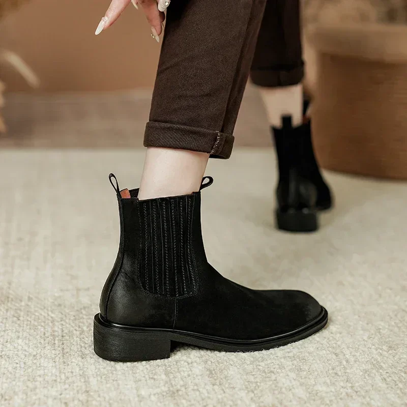 2024 nowe damskie jesienne botki brązowe Chelsea Boots z prawdziwej skóry damskie buty zimowe Retro botki skórzane buty damskie