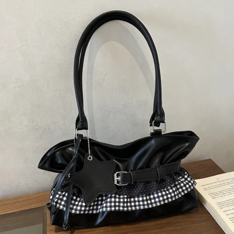 Korean Handbag Black Leather Shoulder Bag Crossbody, Tote Large Capacity Bucket Purse Belt, Design Motorcycle Style Women Travel 2