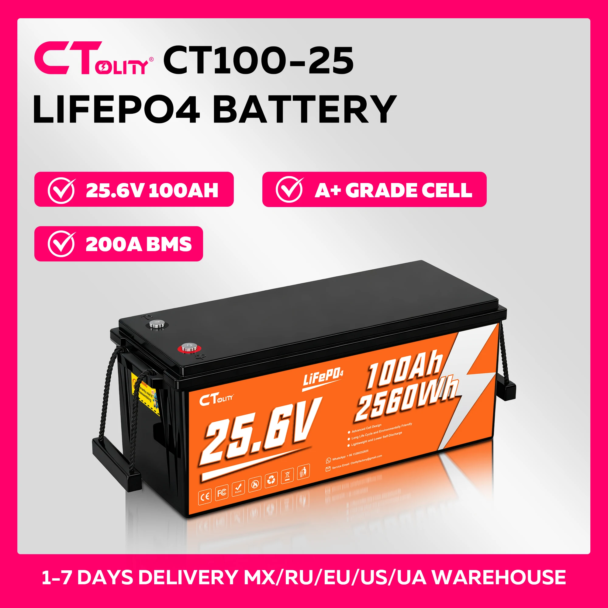 

CTOLITY CT100-25 25.6V 100Ah 2560Wh LiFePO4 Battery Built-in 100A BMS A Grade Cells Max 2560W 4000+ Cycle Solar Generater RV