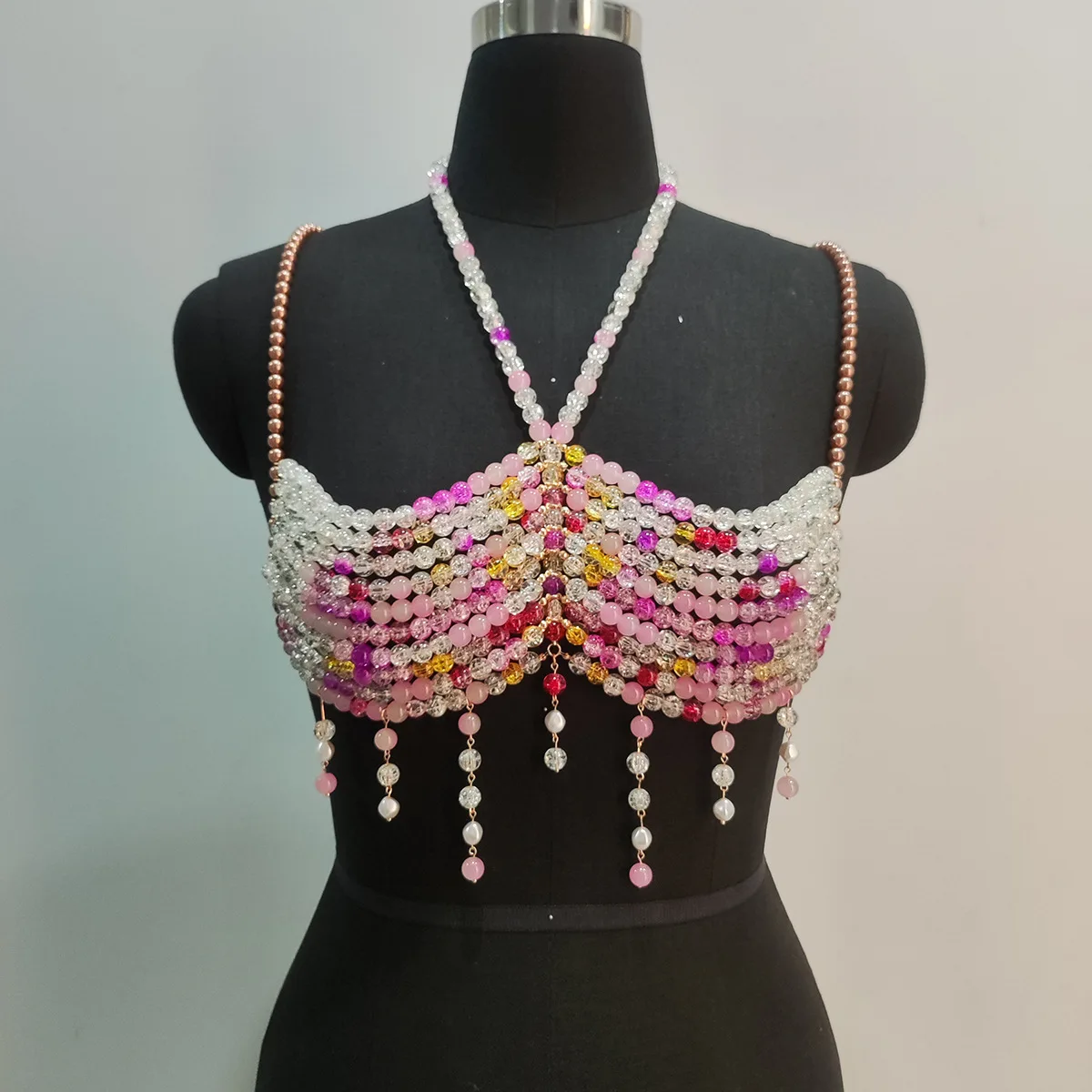 

Handmade Irregular Crystal Multi Beads Metal Body Chain, Halter Neck, Hollow Bra Tassel, Party Jewelry Accessories, Fashion