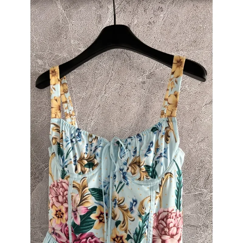 High Quality Blue Print Flowers Appliqued Halter Ruffles Irregular Hem Mini Dress 2025