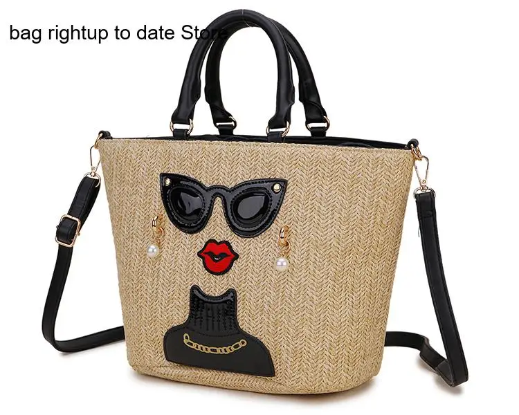 Simple and Casual Straw Tote Bag Character Badge Pattern Women Crossbody Messenger Bag Shoulder Strap Designer Handbag