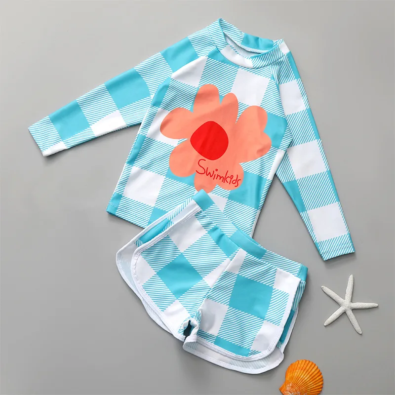 

Children's Swimsuit Girls Two-Piece Solid Color Checkered Long Sleeve Swimwear for Big Kids and Toddlers with Boyshorts Girls' S