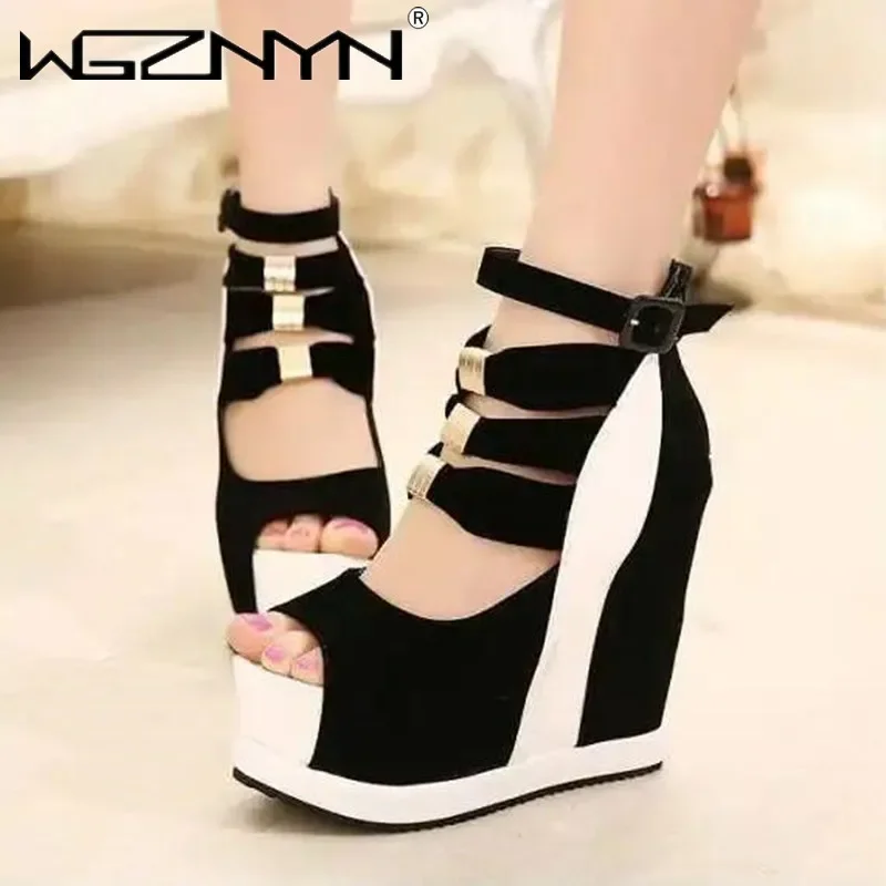New Flock Ankle Boots Women Sandals Sexy Hollow High Slope with Fish Mouth Single Shoes Thick Bottom Wedges Zapatillas De Mujer