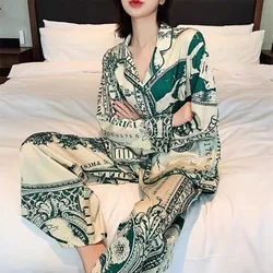 Woman Pajama Set Satin Silk Sleepwear Long Sleeve Pijamas Loose-fit Lightweight  Luxury Ice Silk Cardigan Lapel Home Clothes