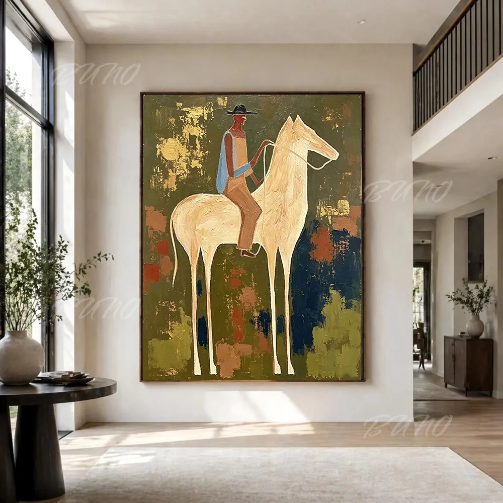 100% Hand-painted Abstract Oil Painting Original Boho Earth Tone Horse Canvas Wall Art for Home Living Room Bedroom Decor