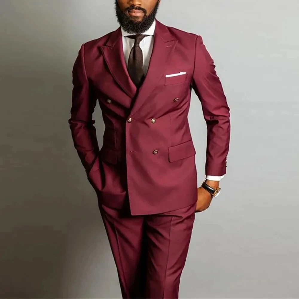 

Burgundy Double Breasted Blazer Sets 2 Pieces Wedding Groom Prom Peaked Lapel Formal Casual Custom Male Clothes Jacket+Pant