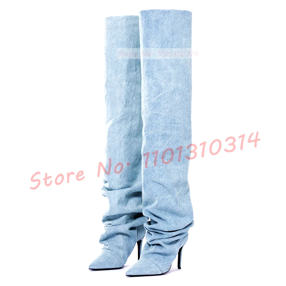 Pointy Denim Thigh High Boots Women 2023 Blue Patchwork Streetwear High Heels Pleated Shoes Spring Trends Outfit Ladies Boots