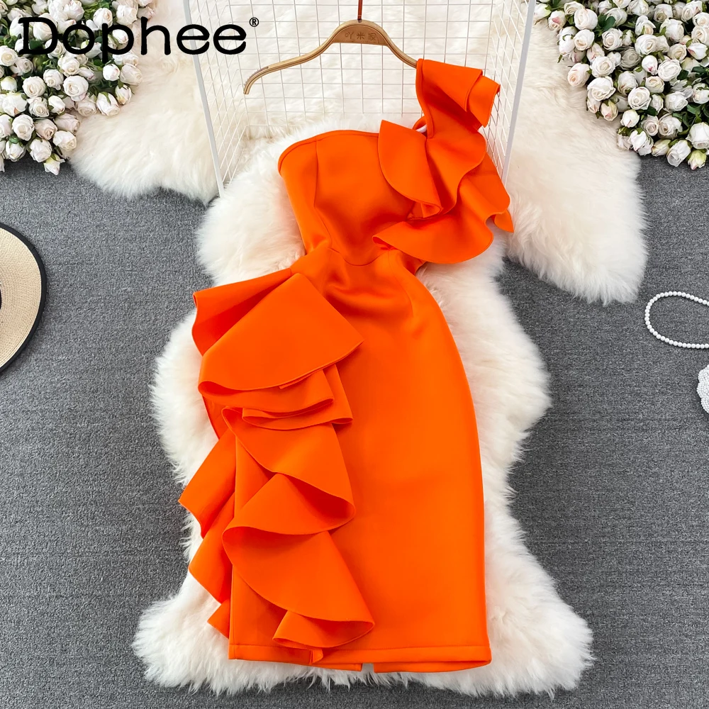 

Sexy Diagonal Collar Off-Shoulder Midi Strap Dress Women 2023 Summer New Ruffled Slimming Patchwork Bodycon Bandage Dress Party