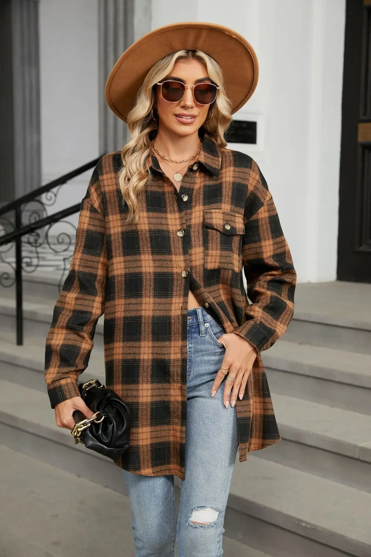 Women Long Sleeve Plaid Cardigan Buttons Blouse Tops with Pocket Decerated