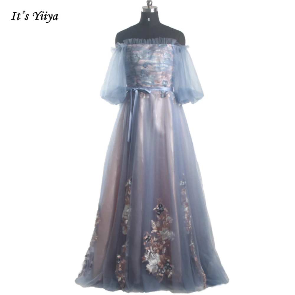 

Evening Dresses Plus size Haze Blue Tulle Floral Pleat Off the Shoulder Half Sleeves A-line Floor Length Lady Party Dress CH069