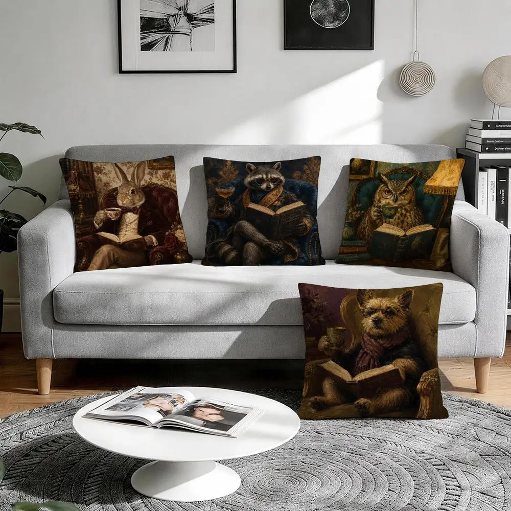 Victorian Animal Gentleman Cushion Cover Linen Throw Soft Decorative  for Bed Sofa Car Home Decor Pillowcase 45x45cm