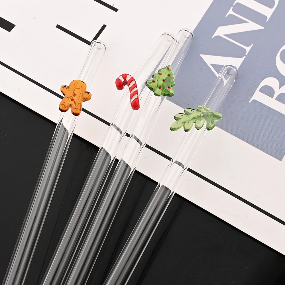 عيد الميلاد قابلة لإعادة الاستخدام عالية البورسليكات الزجاج شفاطات للشرب عازمة القش مجموعة مع فرشاة الحليب هزة القهوة كوكتيل القش بار