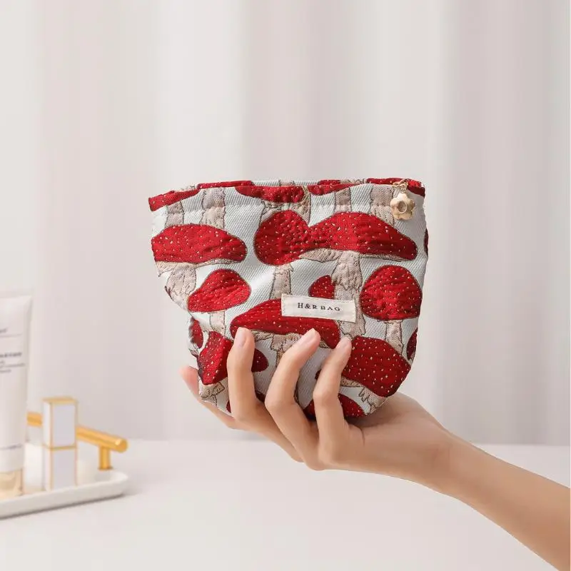New Retro Art Mushroom Jacquard Fabric Makeup Bag Women Zipper Square Pouch Clutch Cosmetic Travel Toiletry Bag view 5