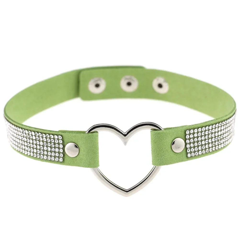 Punk Harajuku Soft girl Sexy Simple Water drill Heart shape Multicolored Leather Stainless steel Necklace Clavicle chain Simple