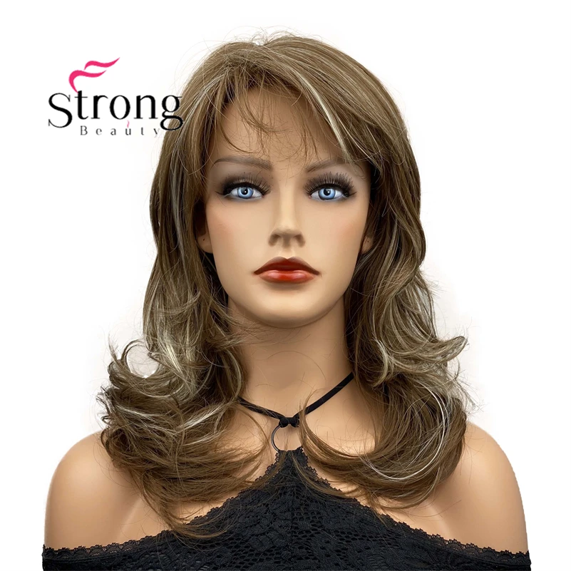 StrongBeauty Long Wavy Brown Blonde, Side Part, Heat Ok Full Synthetic Wig