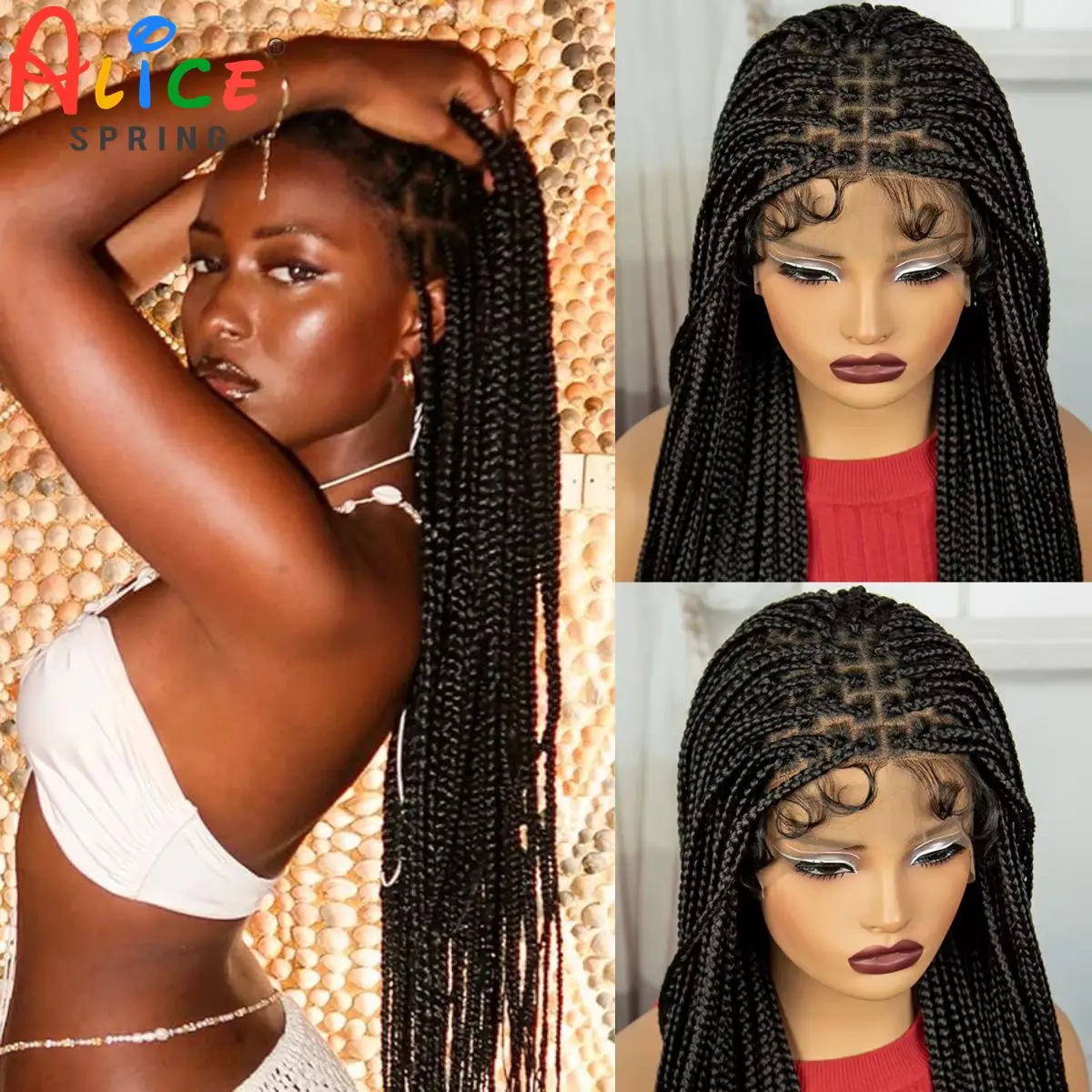 Perucas trançadas caixa sem nós de renda completa para mulheres negras, perucas sintéticas Boho com fins encaracolados, cabelo de bebê, 38 in