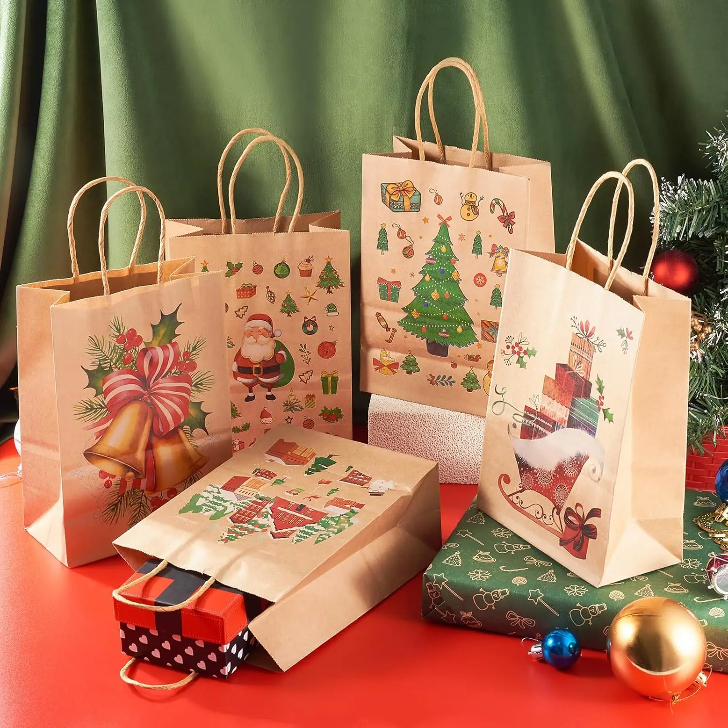 12-48PCS New Design Christmas Kraft Paper Gift Bags Durable Eco Friendly Party Favor Tote Bags with Handles for Holiday Gifts