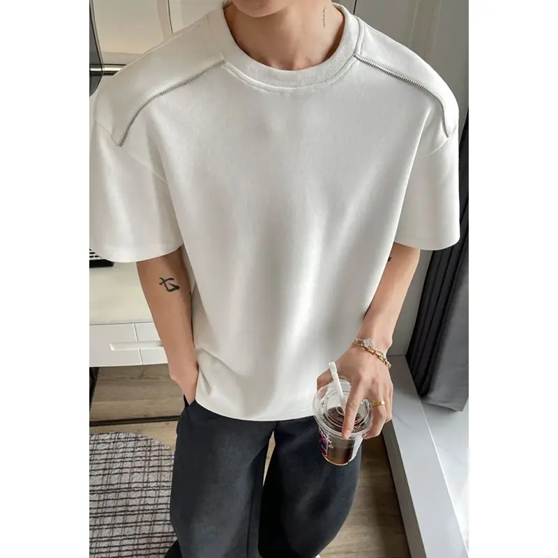 Mr. WH American Deconstructed Zipper Short Sleeve T-Shirt Men Loose Heavyweight Premium Trendy Summer Top Casual Loose Fit