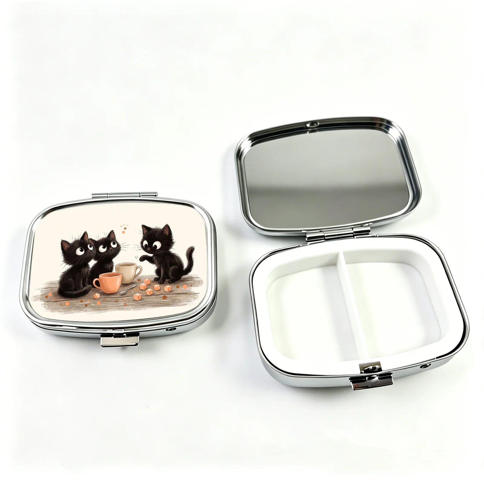 Flat Printing, Portable Mini Double-Compartment Pill Box, Small Black Cat Afternoon Tea Print, Travel Medicine Storage Box, Sealed and Moisture-Proof, Capsule Vitamin Storage Box, Portable Small Pill Box