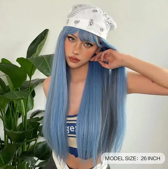 Long Straight Synthetic Wigs Blue with Ash Highlight Cosplay Wig with Bangs Daily Natural Hair for Women Heat Resistant Fiber