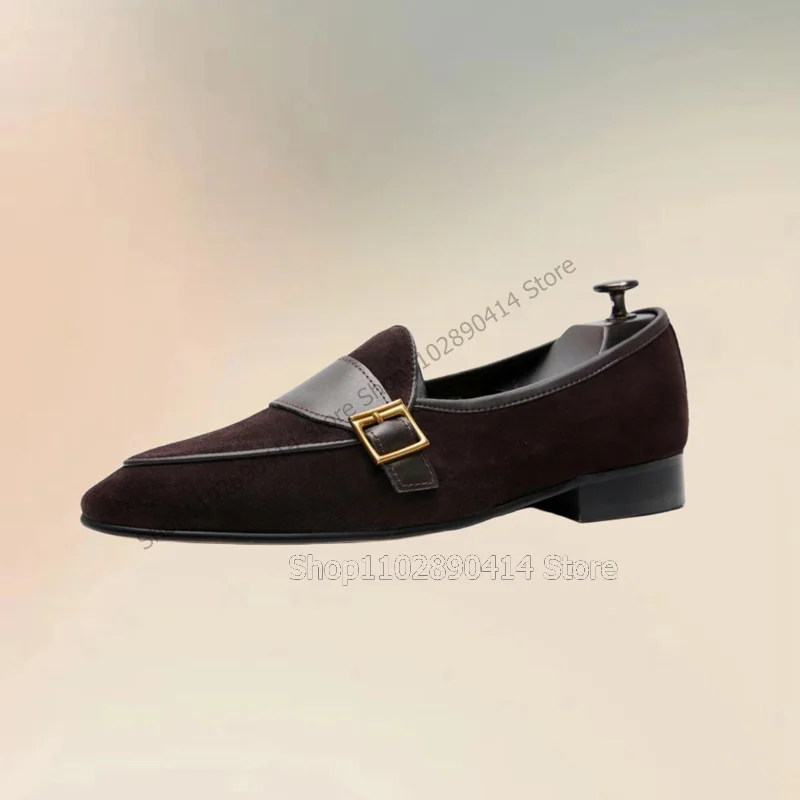 Sepatu Slip On kasual untuk pria, sepatu loafer atasan rendah dekorasi gesper logam warna abu-abu hitam cokelat, sepatu kasual buatan tangan, sepatu Pesta Jamuan Makan pria