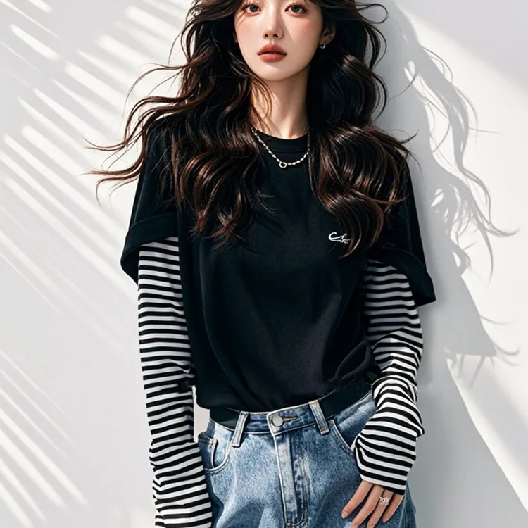 T-shirt unica in due pezzi Ele Bla da donna Faion Sweet Fibra di poliestere Lunga Sve Batwing Sve Top per l'autunno