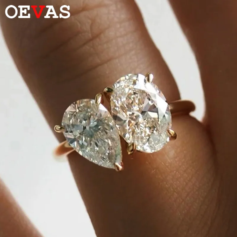 OEVAS 2 Stones Pear/Oval Cut 2ct Moissanite Rings S925 Silver Toi et Moi Wedding Rings For Women Engagement Fine Jewelry Gift