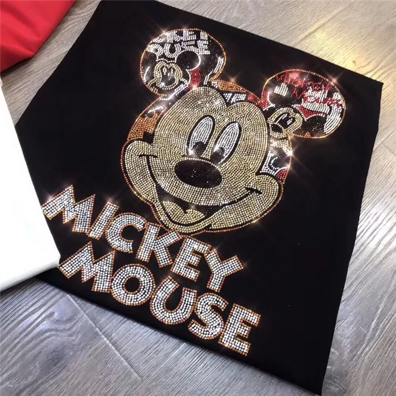 Cartoon Mickey Brand Design Hot drill Donna Girocollo Comodo T-shirt a mezza manica da donna Top di tendenza allentato Popolare in Corea