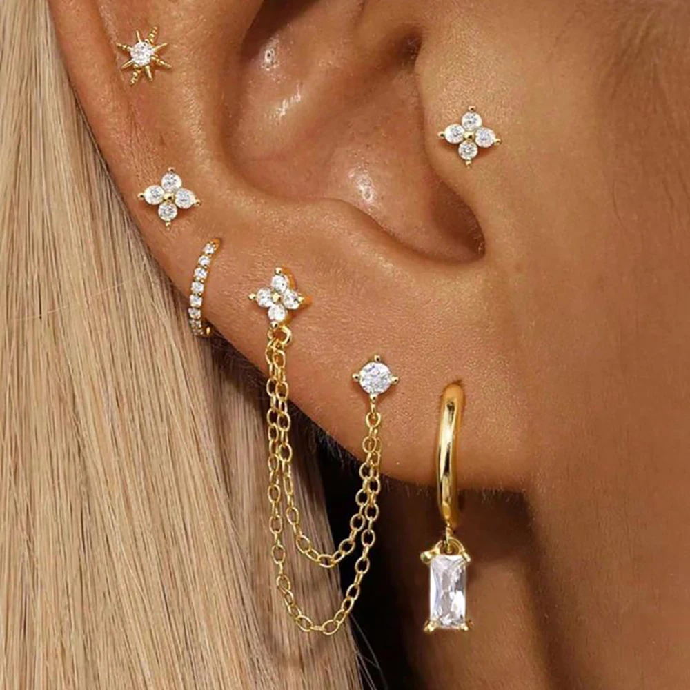6PCS Flower Dangle Ear Stud Stackable Earring Women Earring Hypoallergenic Lightweight Vacation Party Jewelry Accessories