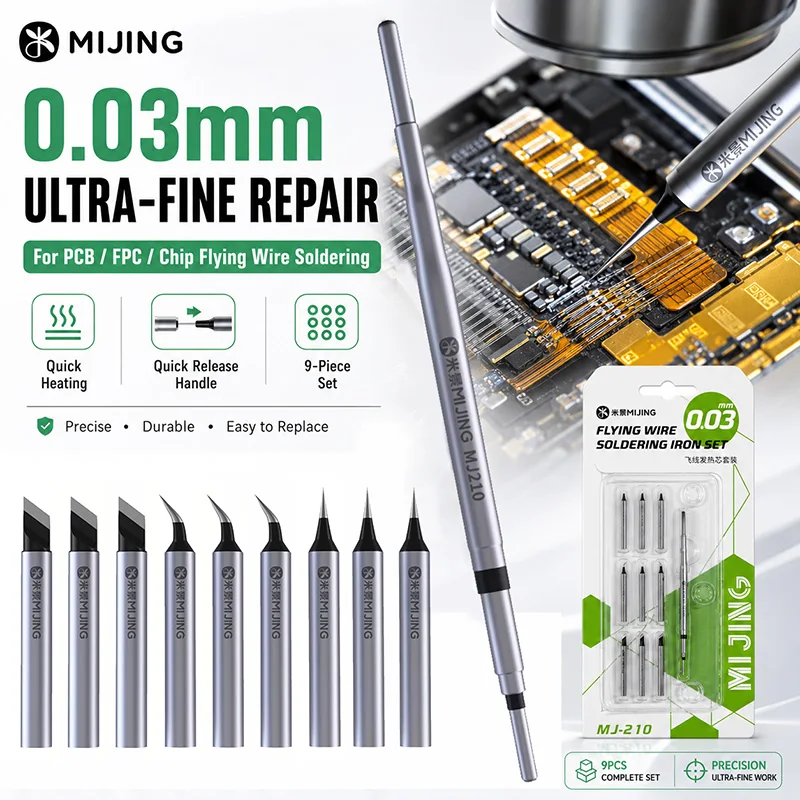 MIJING MJ210 9 IN 1 Soldering Iron Tip Kit Ultra Fine 0.03mm Tips for Precise Flying Wire PCB Motherboard Phone Soldering Repair
