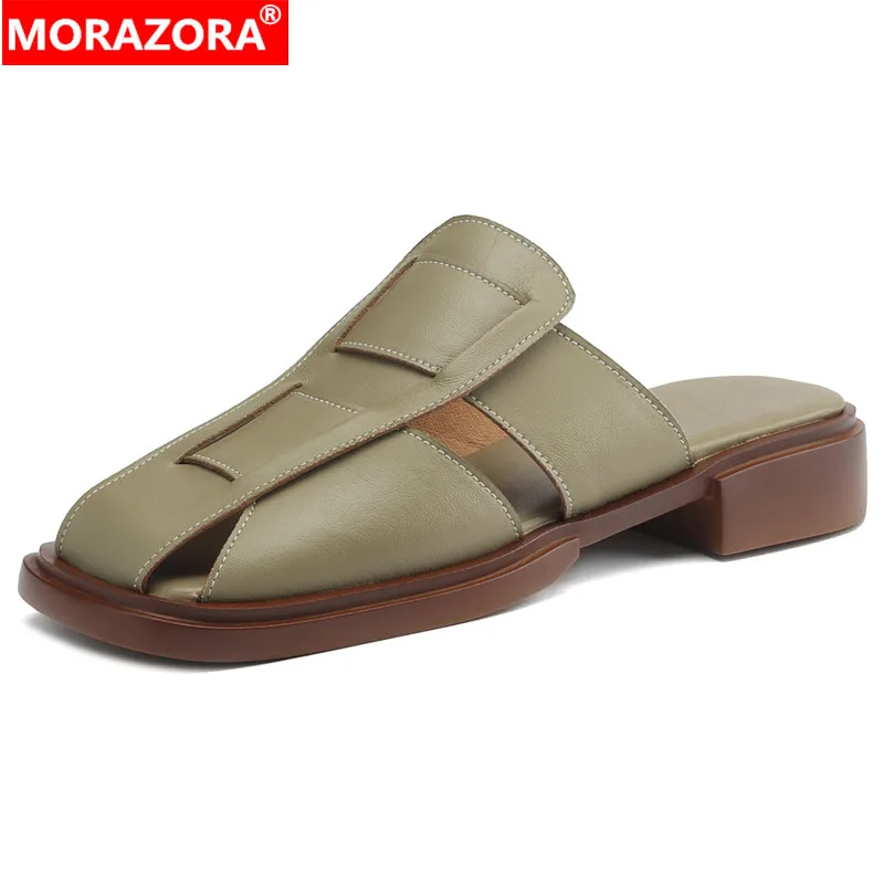 MORAZORA 2024 New Genuine Leather Summer Slippers Concise Ladies Casual Shoes Square Med Heels Platform Slippers