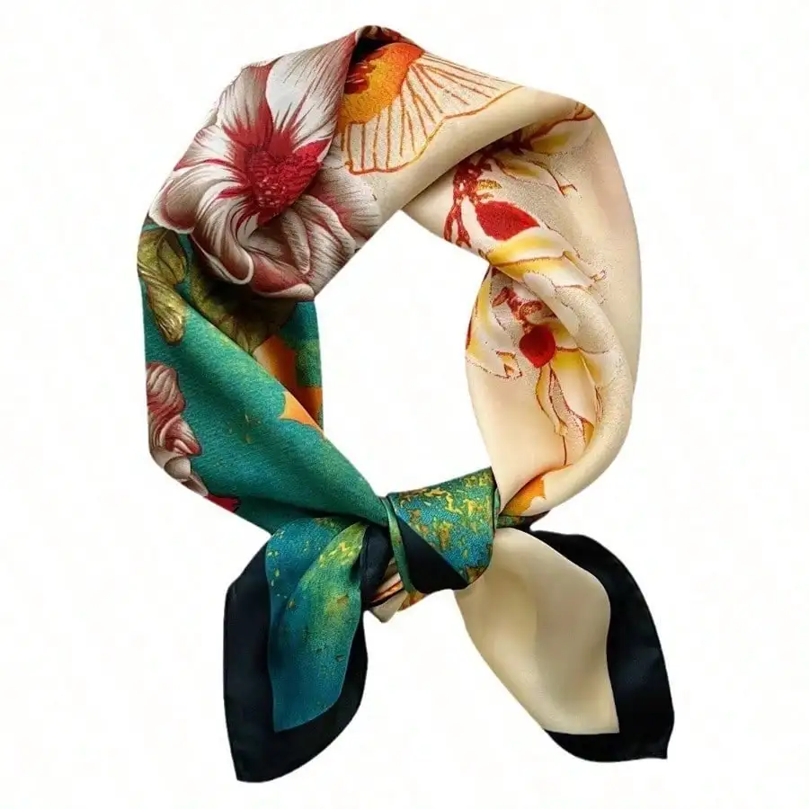 

1PC Women Floral Silk Scarf Ginkgo Leaf Print Square Scarf Fashion Accessory