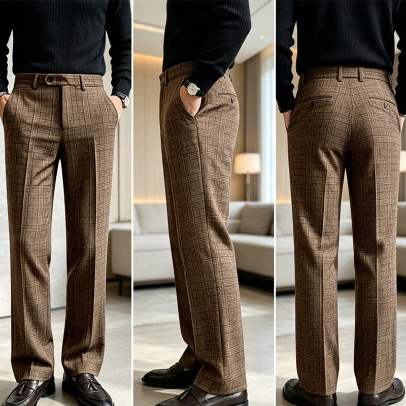 Fashion Boutique Checked Men's Suit Pants Spring Autumn Fashion Straight Leg Vintage Trousers Business Office Casual Daily Wear